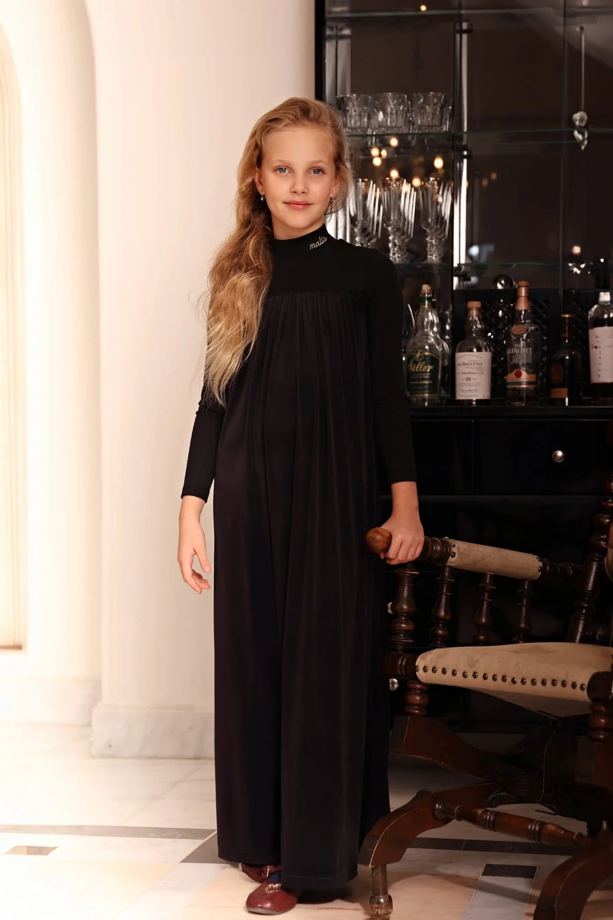 2026 Mali's AW Kids Black Velvet Pajamas with Embroidery Sister Matching Home Wear Sleeping Clothes Holiday Outfits