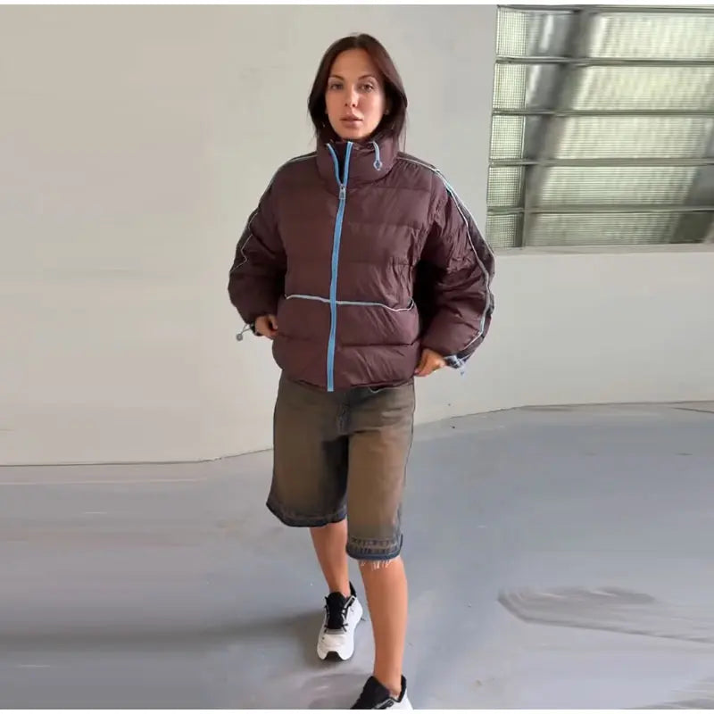 Casual Contrasted Color Women's Cotton Coats Zippers Stand Collar Loose Lady Thicken Jackets 2026 Autumn Winter Female Tops New