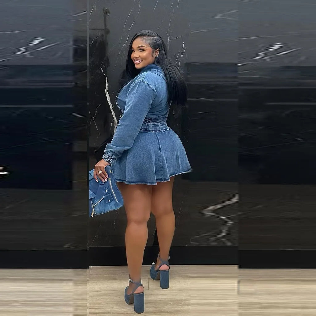 New TS1325 Women's Casual Washed Denim Short Skirt Set Fashionable Autumn Season Leisure Style Unisex Work Uniform Student Sc...