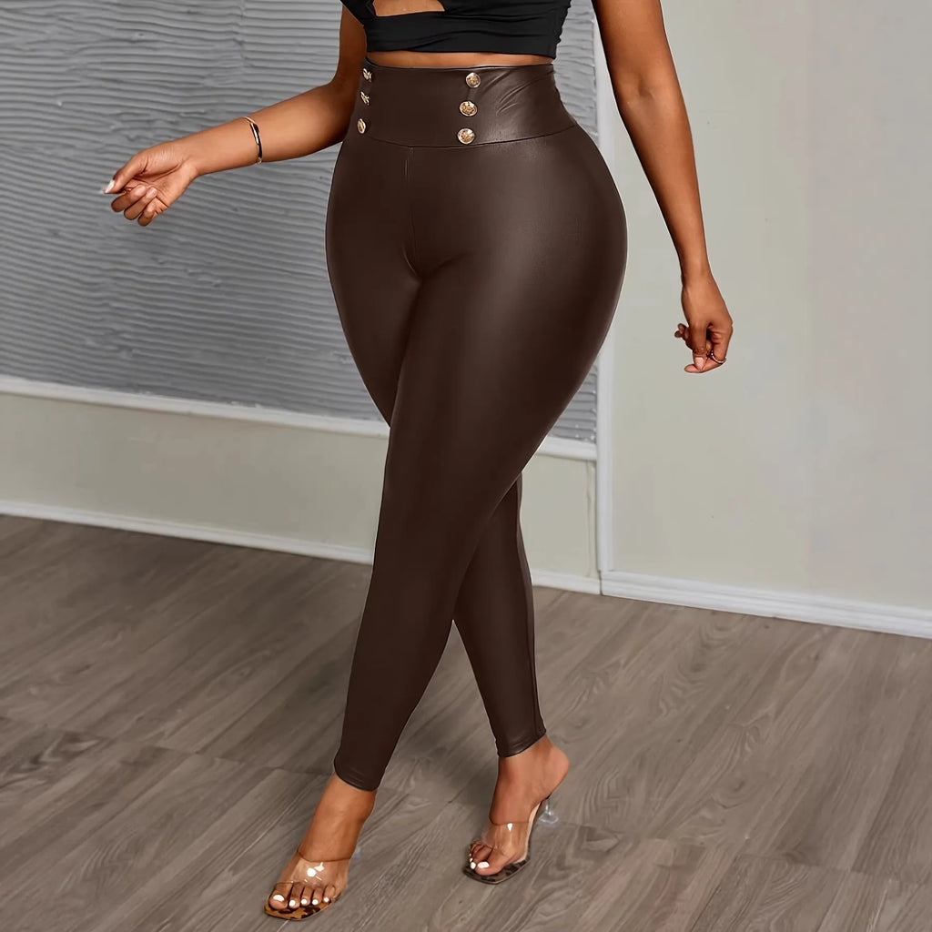 Plus Size Buttoned Slimming High-Waisted PU Leather Pants for Women