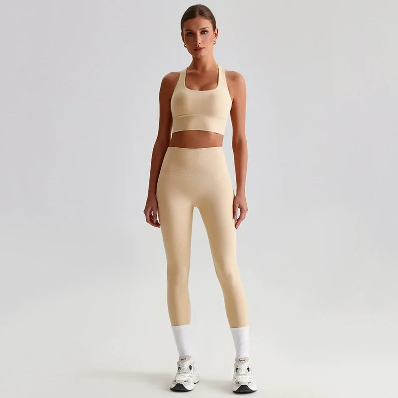 Naked Feel Yoga Set Women Fitness Sportswear 2 Piece Strappy Sports Bra High Waist Gym Leggings Workout Outfit Active Wear