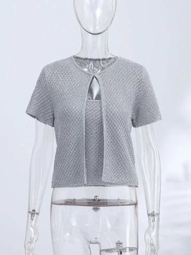 Women's Tank Tops Knitted Sequined Vests Summer Female Square Collar Sleeveless Backless Bodycon Crop Top Chic Lady Knitwear New