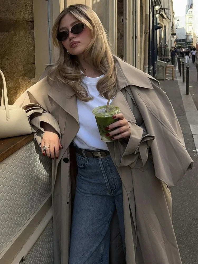 Khaki Lace Up Cape Trench Coat Loose Solid Full Sleeve Lapel Windbreaker 2026 Autumn New Fashion Commute Casual Daily Coats