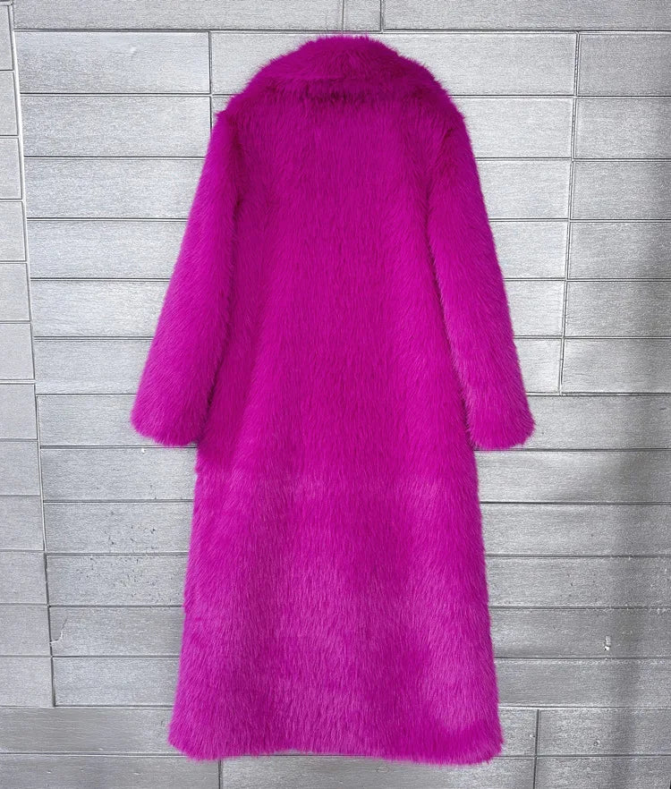 Long Faux Fur Coat Women Autumn Winter Large Jacket Overcoat White Turn Down Collar Pockets Thick Coat Warm Jackets Maxi Coats