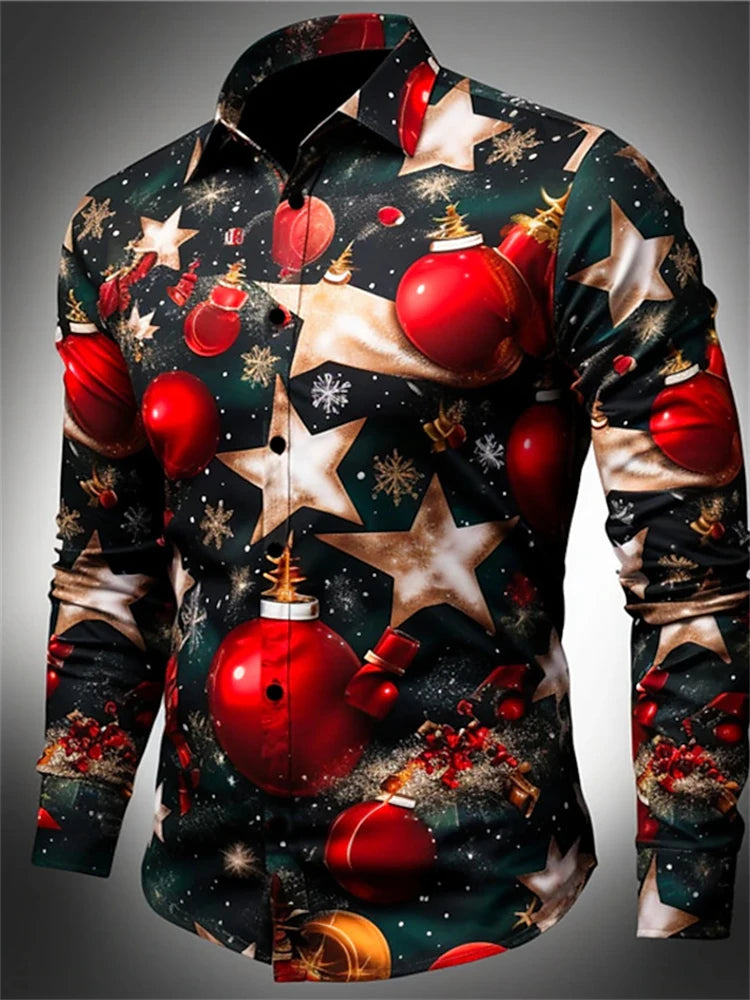 Gift Christmas Tree Print Men's Long Sleeve Shirt Urban Street Men's Fashion Christmas Shirt Autumn And Winter Casual Mens Shirt