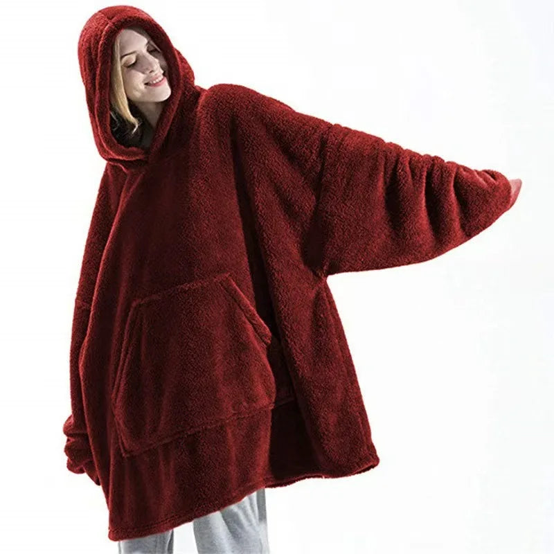 Autumn Winter Men Women Double Sided Velvet Hoodie Thick Coat Can Wear Blanket Couple's New Home Loose Hooded For Male Clothes