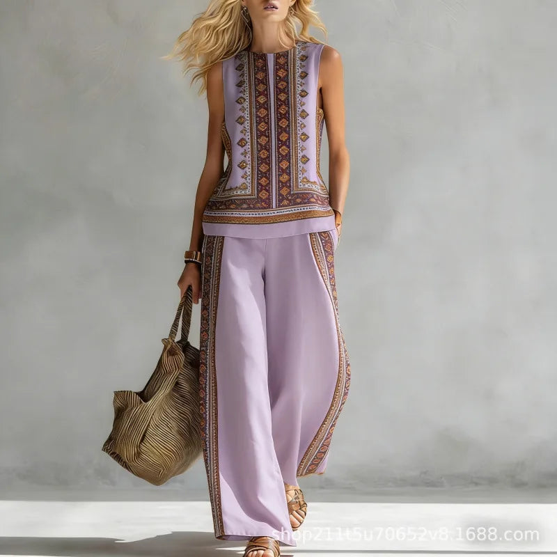 New Fashion Retro Printed Sleeveless Tops Trousers 2-piece Sets Women's Summer Casual Vest Loose Wide Leg Trousers Female Suit
