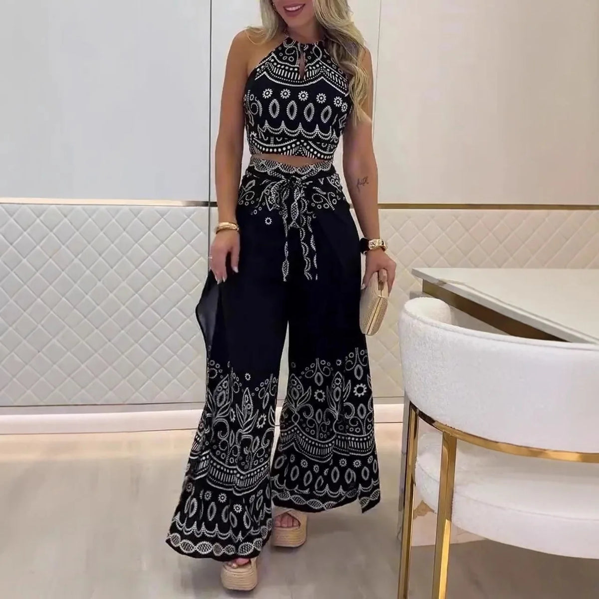 Summer Vintage Halter Top Wide Leg Pants Set Women's Bohemian 2-Piece