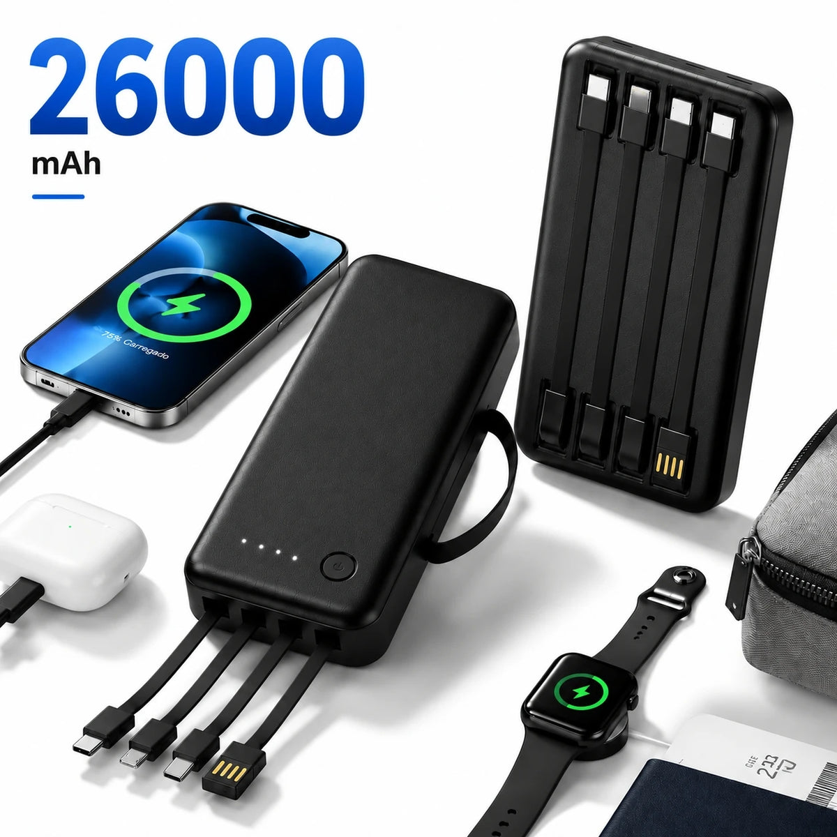 Power Bank 12000mAh E 26000mAh Carregador Rápido Portátil Com 4 Cabos USB Para Smartphone E Viagem