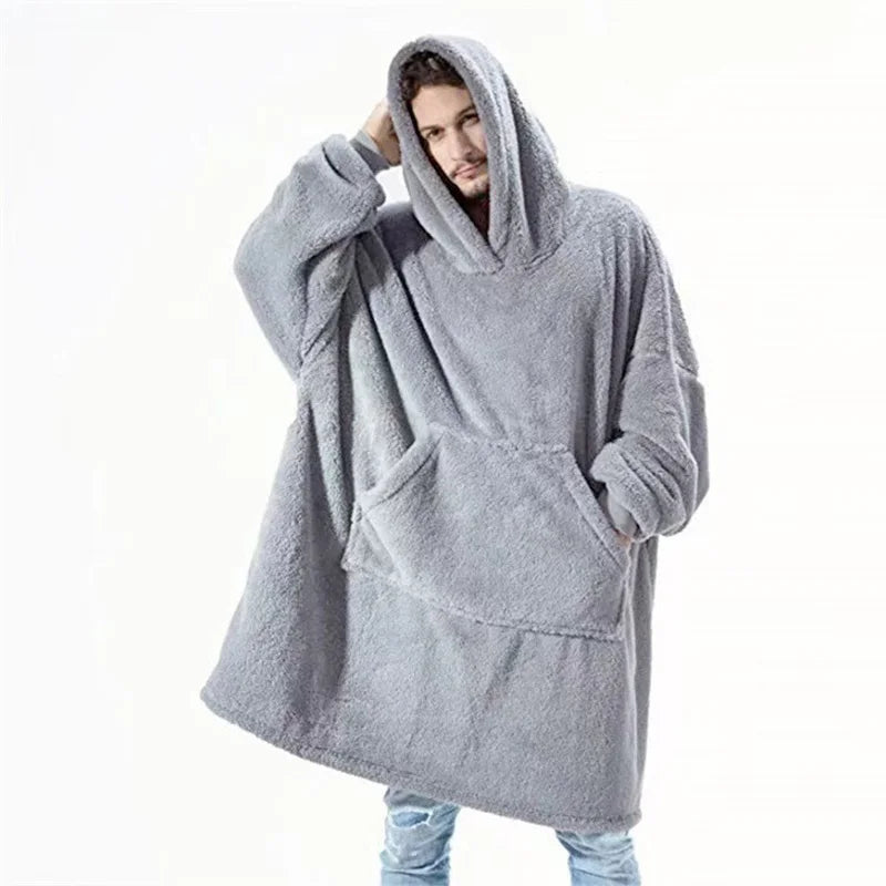 Autumn Winter Men Women Double Sided Velvet Hoodie Thick Coat Can Wear Blanket Couple's New Home Loose Hooded For Male Clothes