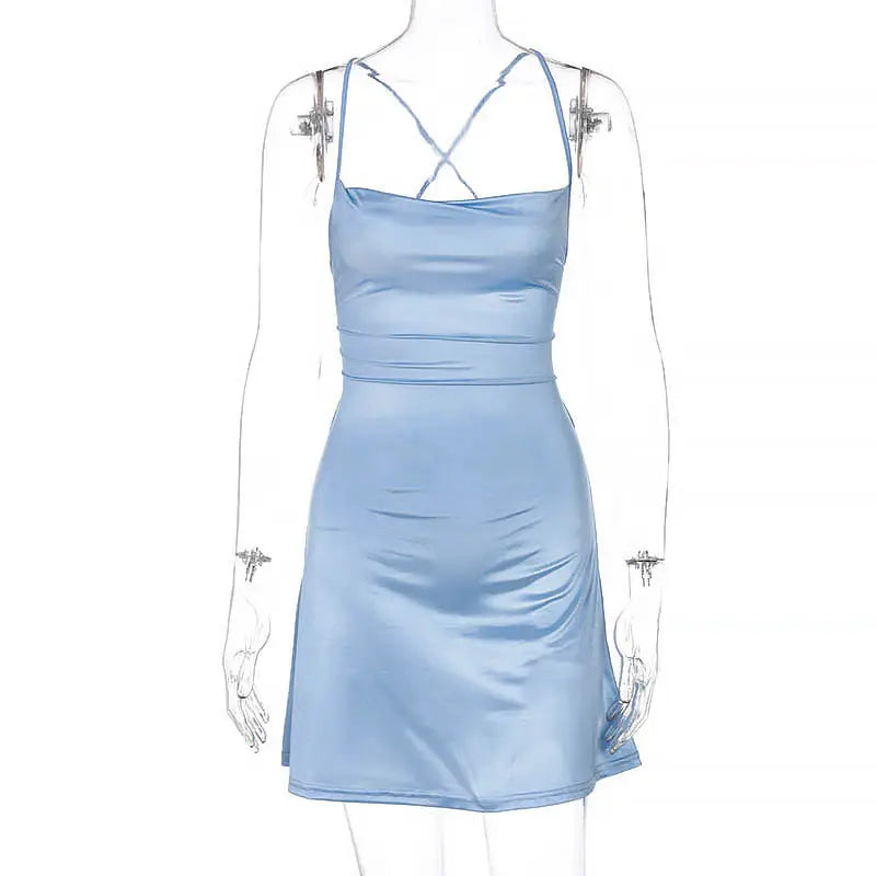 Summer Spaghetti Strap Mini Satin Dress Women Sexy Backless Bodycon Party Dress Short Club Dress