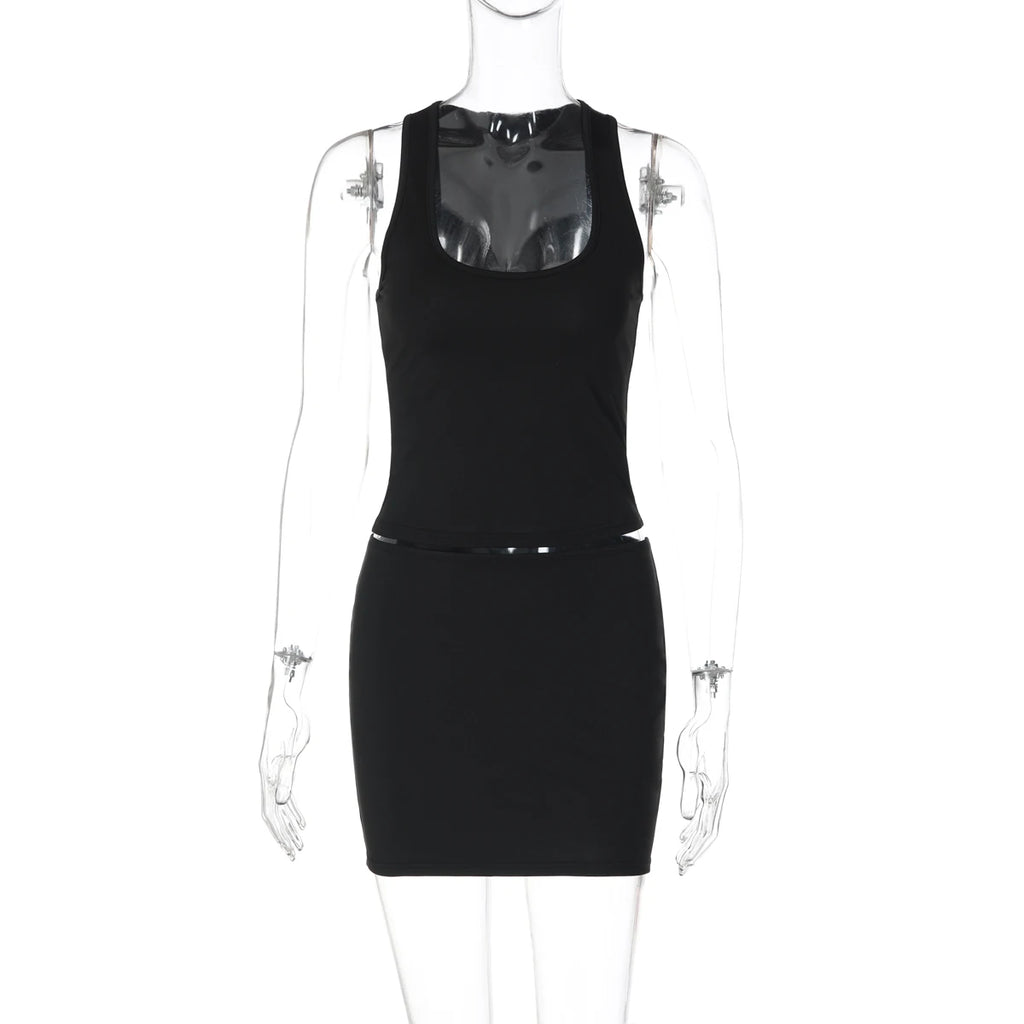 Dulzura Women'S Solid Sexy Casual 2 Piece Skirt Square Collar Tank Top Slim Fit Mini Skirt Matching Set Party Club Street Outfit