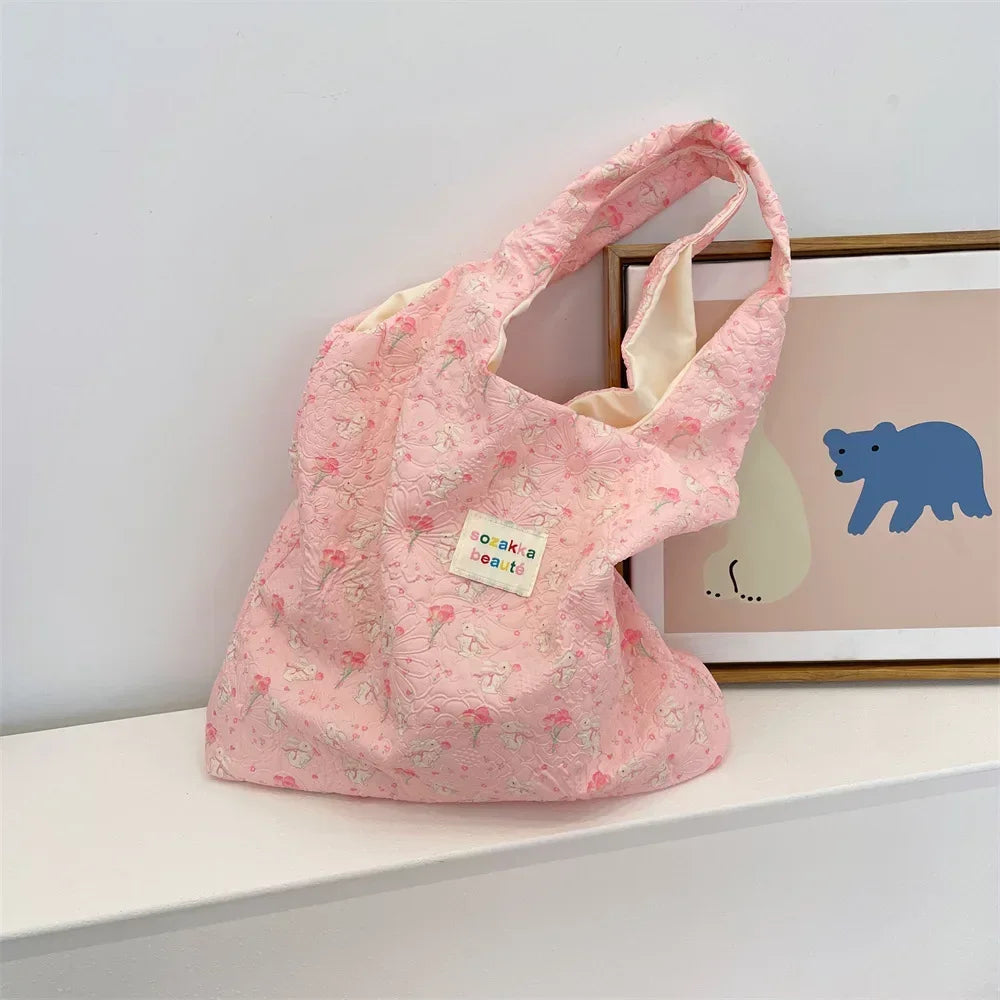 Female Tote Shopping Bag Eco Handbag Reusable Grocery Shopper Purse Korean Women Sweet Cartoon Shoulder Bag Books Pouch