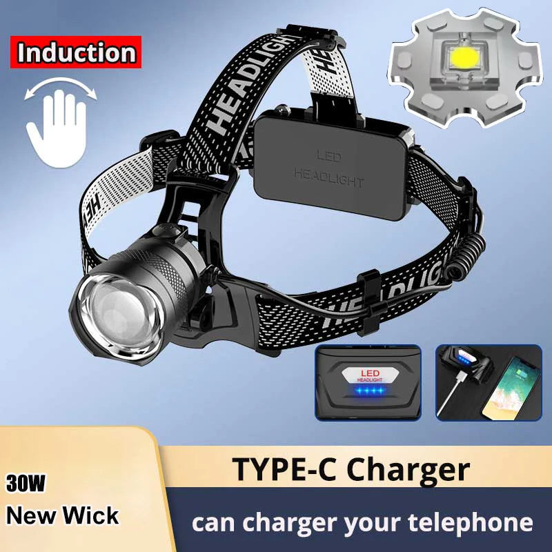 100000LM Powerful Headlamp 1000W Led Sensor Head Flashlight High Power Headlight 18650 Rechargeable Head Lantern Fishing Camping
