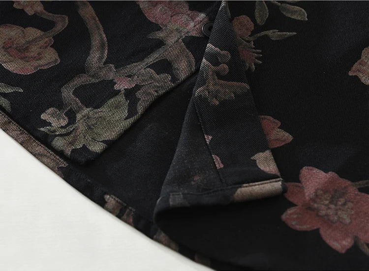 2025 Autumn New Casual Floral Print Shirt for Men Cotton Loose Long Sleeve Rose Denim Shirts Fashion Men's Clothing
