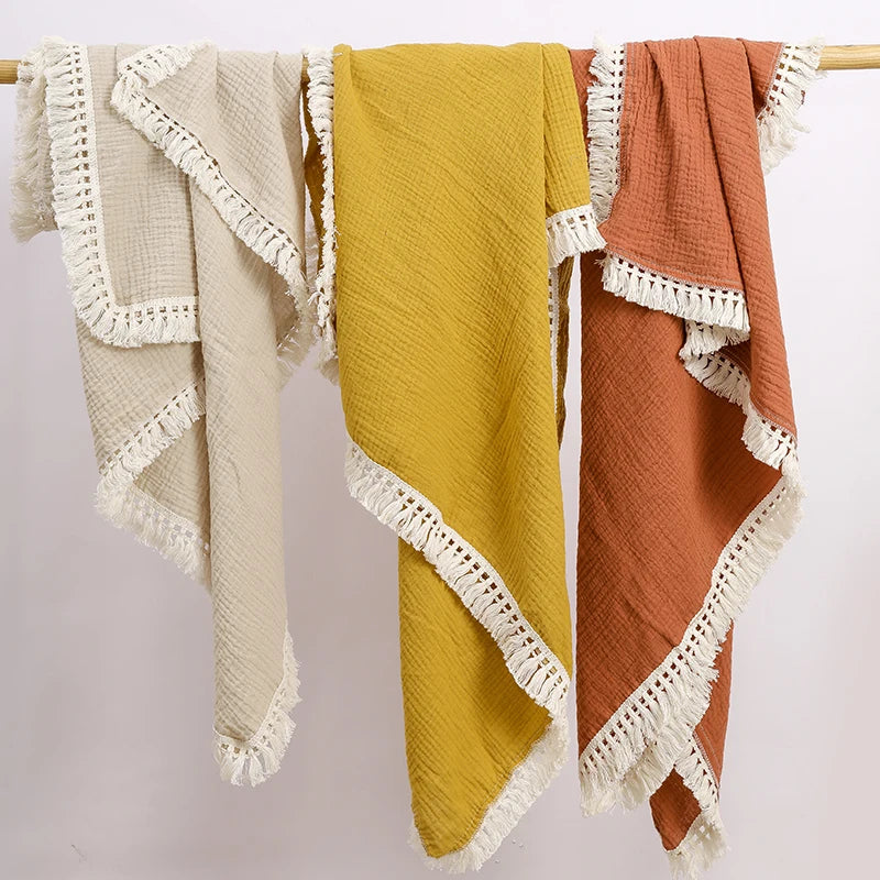 Cotton Muslin Swaddle Blankets for Newborn Baby Tassel Receiving Blanket New Born Swaddle Wrap Infant Sleeping Quilt Bed Cover
