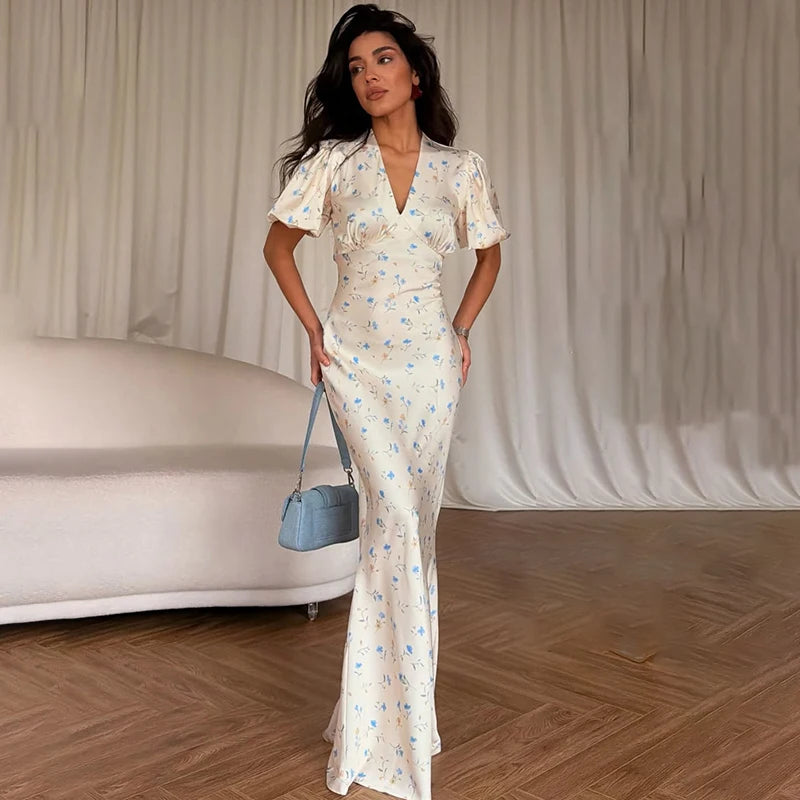 Printed Floral Print Elegant Long Dress For Women Short Sleeve V Neck Fashion Slim Dress Satin Commuting Banquet Female Dress