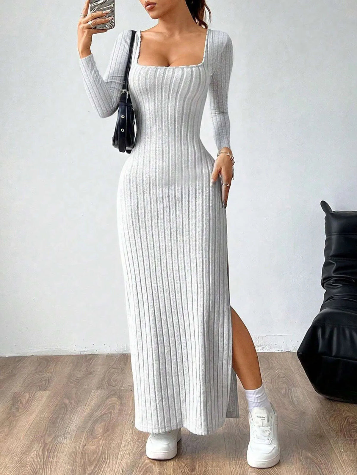 Women's Knitting Dress 2026 Spring Autumn Long Dress Minimalist Elegant Square Neck Backless Design Long Sleeve Midi Dress