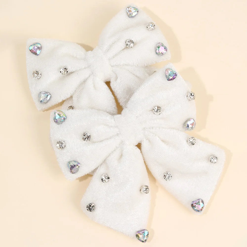 Velvet Bow Hair Clips with Heart Rhinestone Detail, 2-Pack