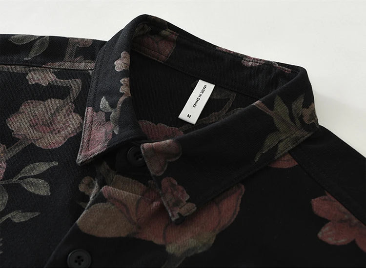 2025 Autumn New Casual Floral Print Shirt for Men Cotton Loose Long Sleeve Rose Denim Shirts Fashion Men's Clothing