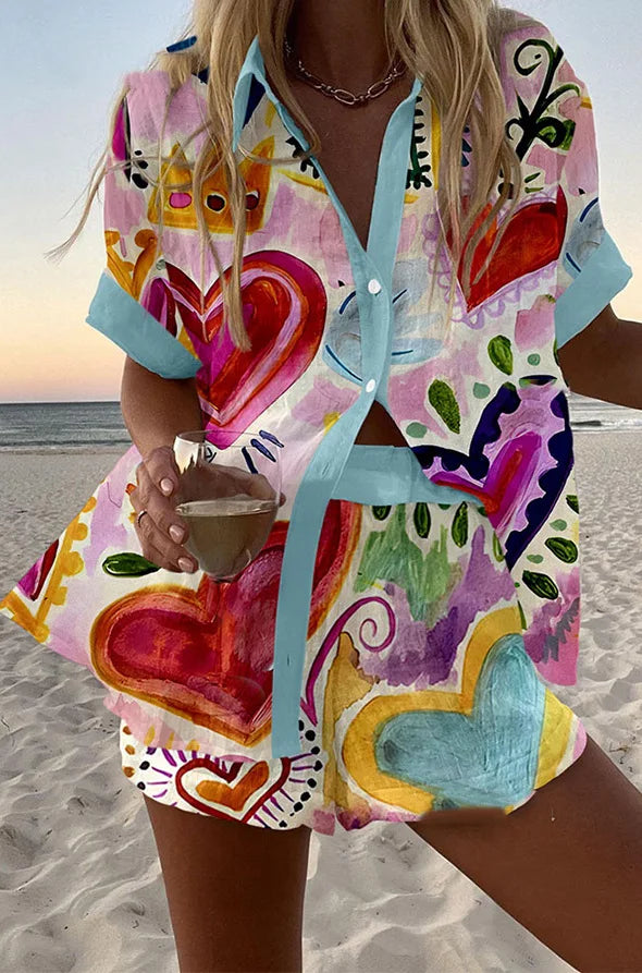 Summer New Print Beach Holiday Set For Women Fashion Short Sleeve Buttoned Shirt Wide Legs Shorts Oversized Two Piece Set