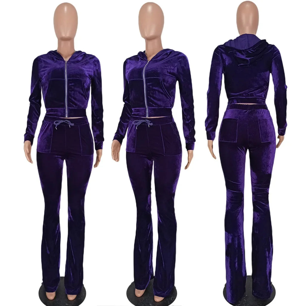 Hot Sale Fall Women's hoodie Set Zipper Pocket Crop Top Jacket Velvet Jogging suit Velour tracksuits Women Two Piece set