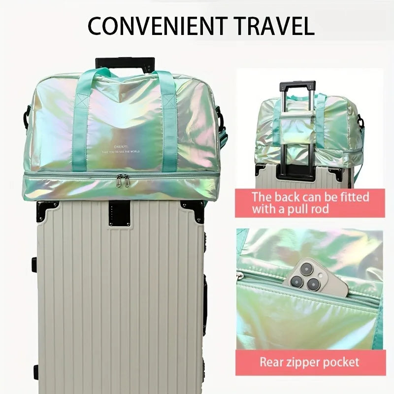 Large Capacity Holographic Travel Duffel Bag Lightweight Nylon Weekender Tote for Gym Sports Overnight Trips