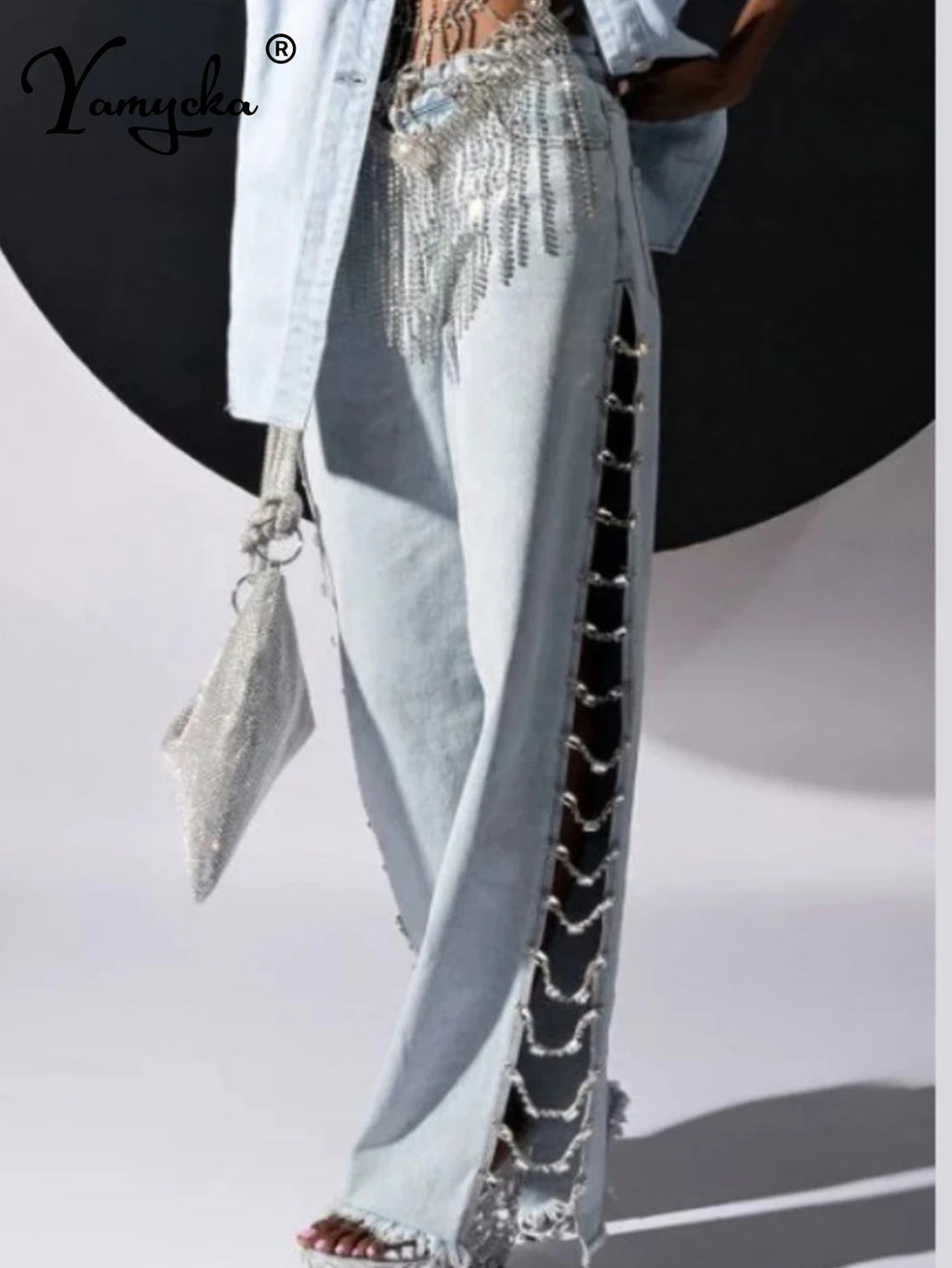 Sexy Hole Rhinestone Denim Pants Women Fashion Baggy Pants Hotwife Streetwear High Waist Wide Leg Jeans Woman Clothing Trousers