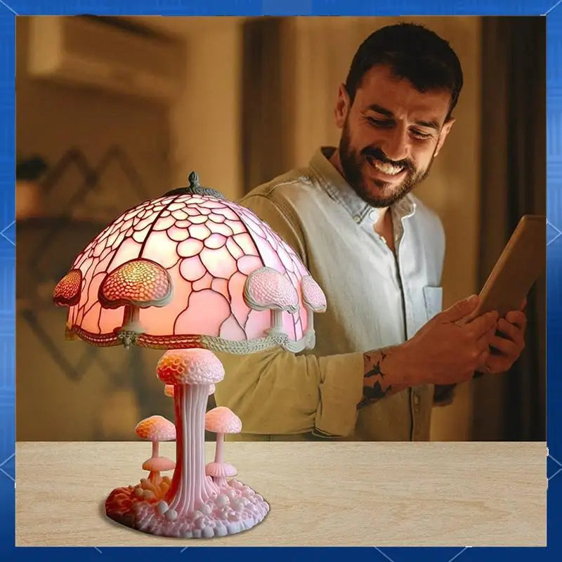 Creative Stained Glass Mushroom Table Lamp Vintage Animal Plant Series Shaped Resin Bedroom Decora Household