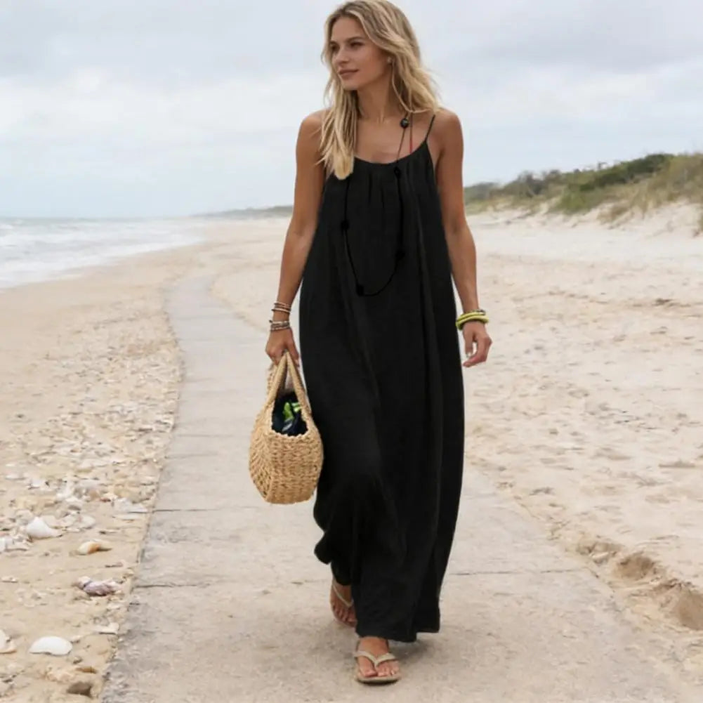 Women's Backless Cami Dress Summer Casual Sleeveless Boho Beach Maxi Dress Spaghetti Strap Vacation Long Sundress with Back Tie
