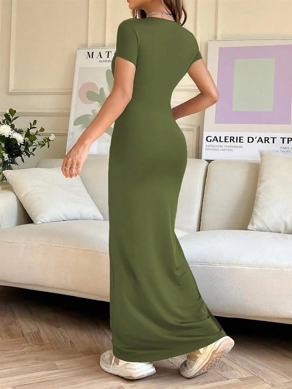 Sexy Slim Fit Short Sleeve round Neck Dress Pure Color Long Dress for Women LinJ2026 Casual European Style mid Waist Skirt
