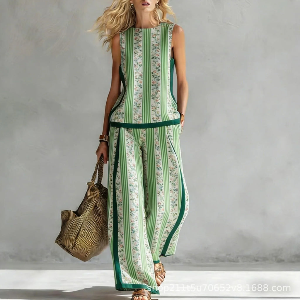New Fashion Retro Printed Sleeveless Tops Trousers 2-piece Sets Women's Summer Casual Vest Loose Wide Leg Trousers Female Suit