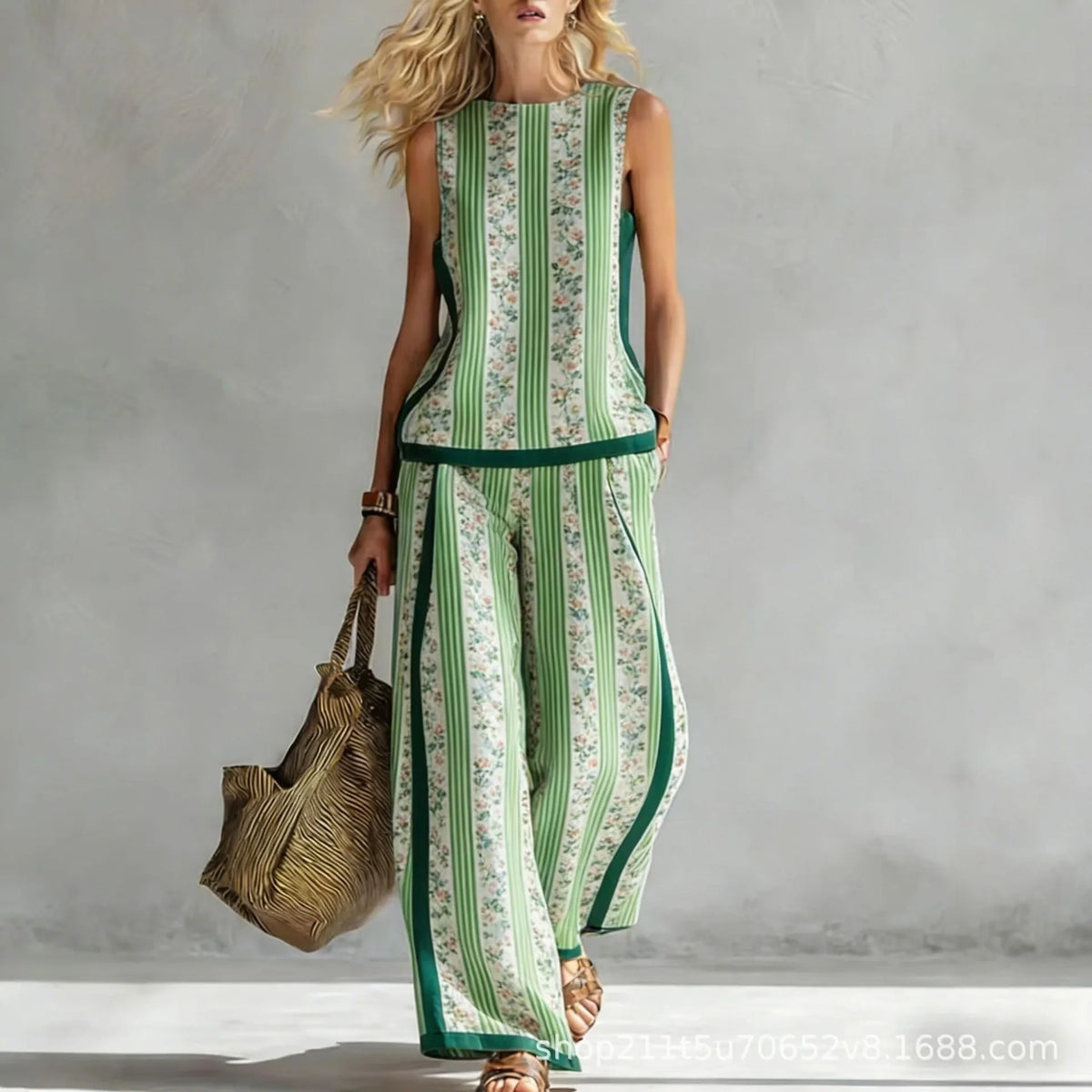 New Fashion Retro Printed Sleeveless Tops Trousers 2-piece Sets Women's Summer Casual Vest Loose Wide Leg Trousers Female Suit