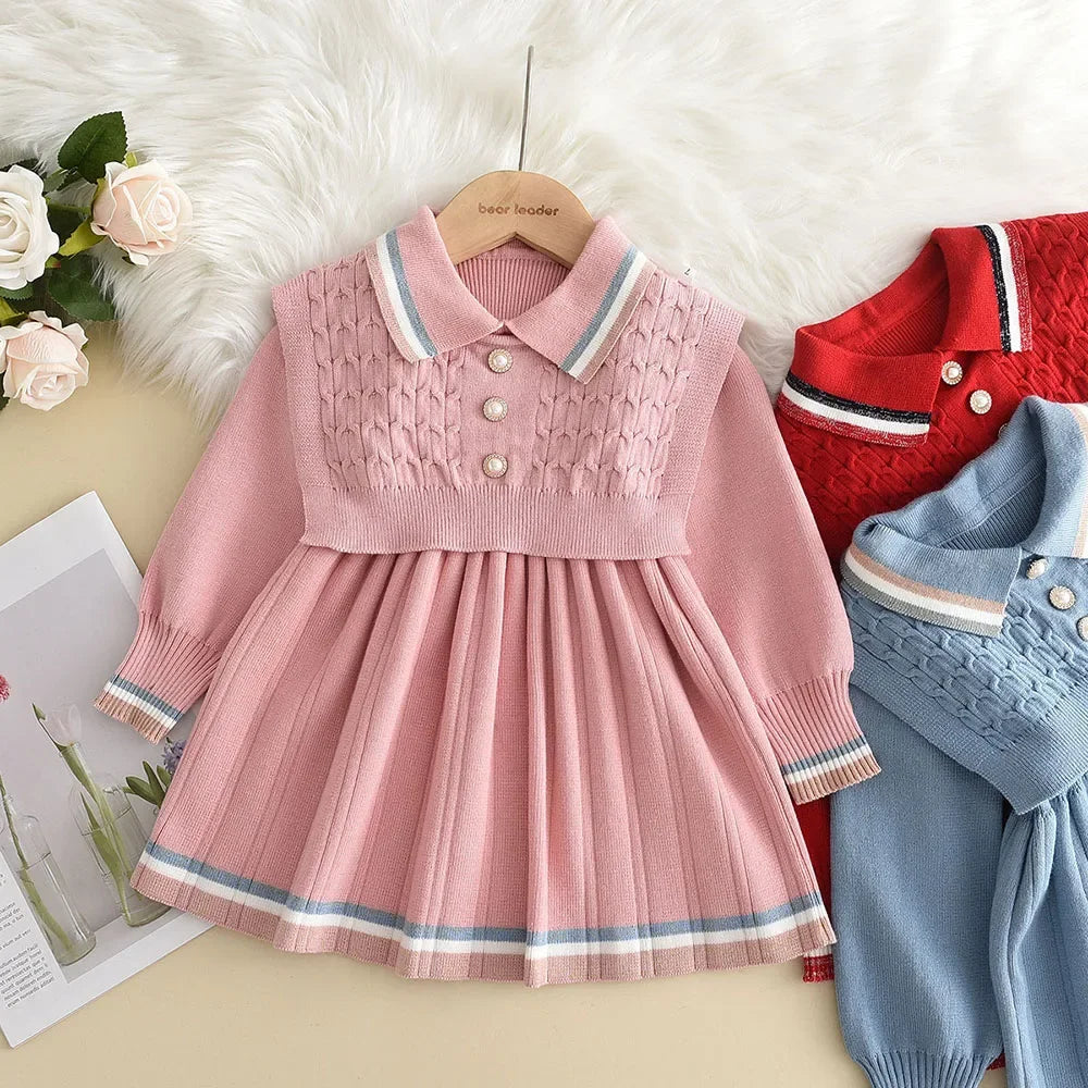 Bear Leader Kids Dresses for Girls Pearl Button Tricolor Striped Lapel Knit Skirt Winter College Style Children's Clothing