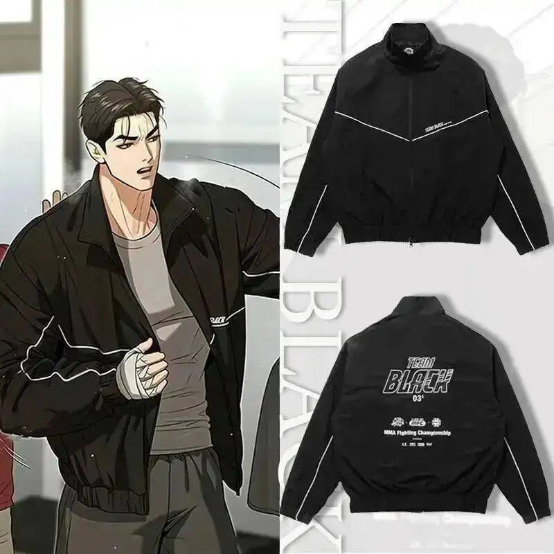 Korean Manhwa Jinx Team Black Windbreaker Jacket Men Women Sports Coat Loose Track Activewear Joo Jaekyung Y2K Coat Unisex