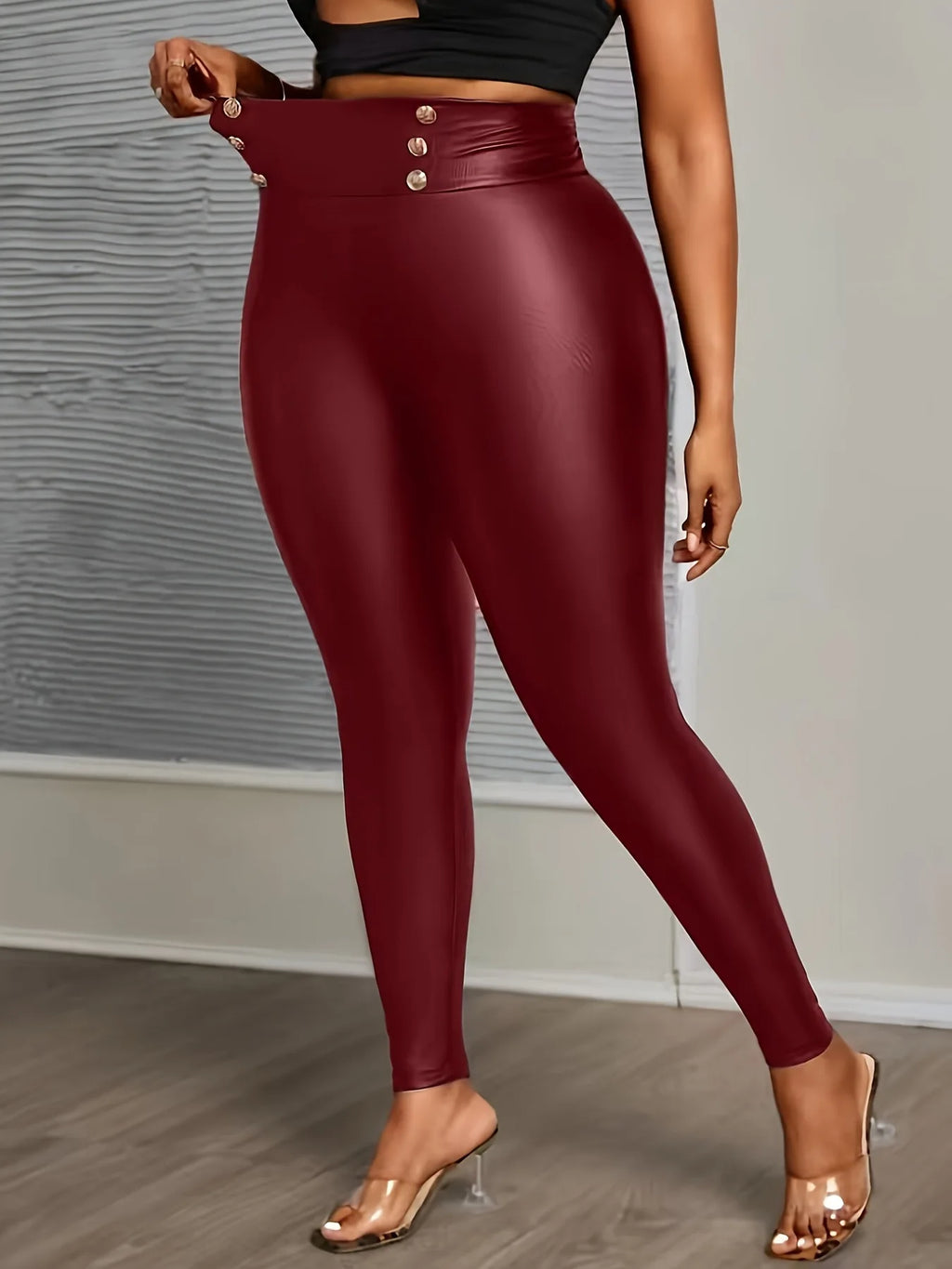 Plus Size Buttoned Slimming High-Waisted PU Leather Pants for Women