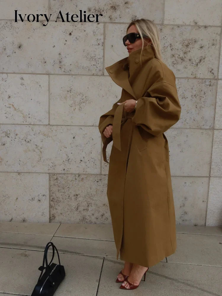 Casual Solid Long Trench Coat Women Stand Collar Long Sleeve Single Breasted Lace Up Jacket 2026 Autumn Lady Commute Outwear