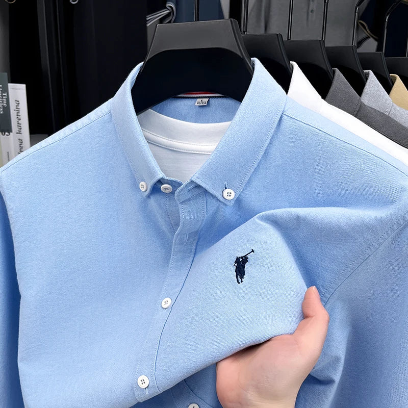 High End 100% Pure Cotton Long Sleeved Men's 2026 Spring Fashion Solid Color Business Casual Small Horse Logo Shirt