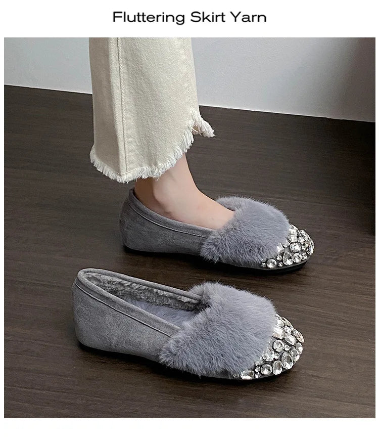 Luxury Glitter Rhinestone Ladies Plush Flat Shoes Female Cozy Crystal Decorate Loafers Winter Warm Walking Driving Shoes Casual