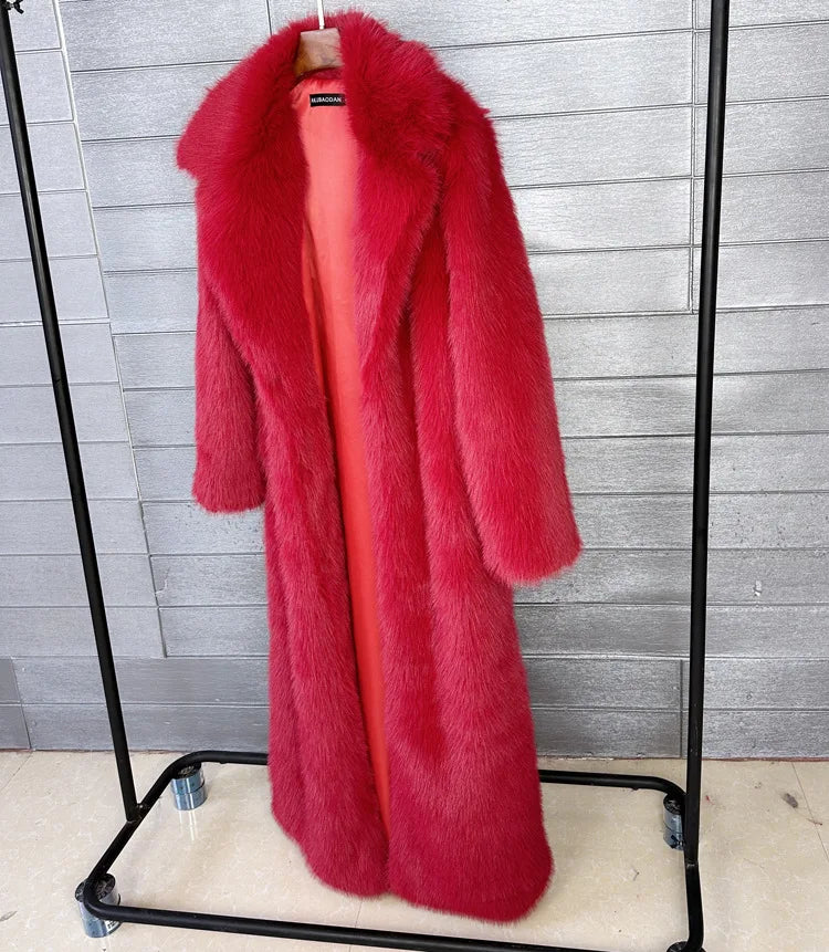 Long Faux Fur Coat Women Autumn Winter Large Jacket Overcoat White Turn Down Collar Pockets Thick Coat Warm Jackets Maxi Coats