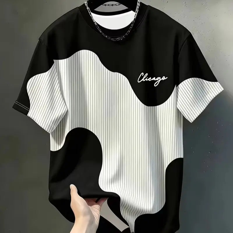 Men'S Casual Round Neck T-Shirt, Geometric Pattern Patchwork Striped Design, "Chicago" Word Pattern Top