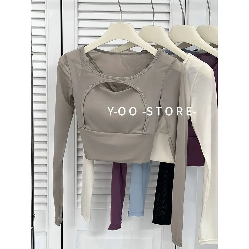 American Sle Yoga Clothes Long Sve T-irt Women Sexy Hollow out Me Splice Sports Fitn Top with Chest Pad
