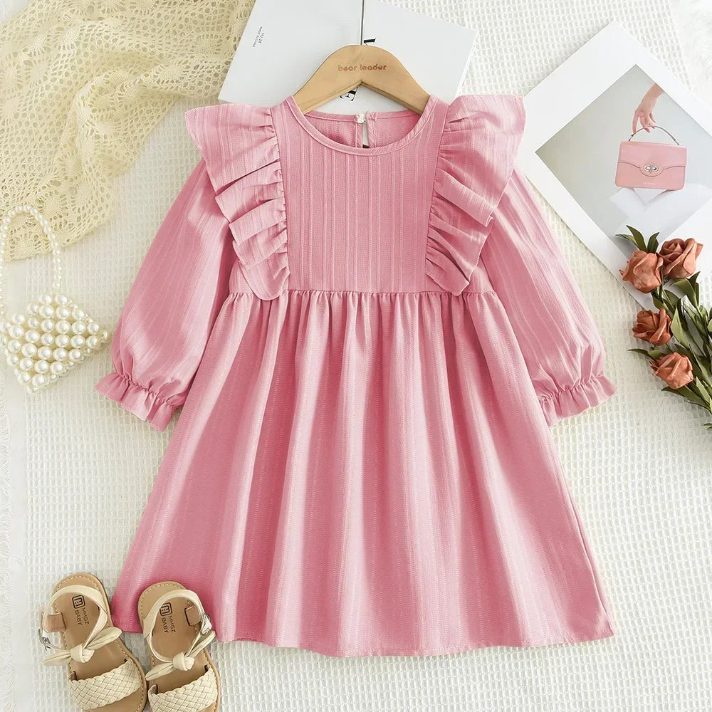 Plain Casual Girls Dress Autumn Long Sleeved Pleated Kids Dresses for Girls Pink Clothes Fashionable New Children's Clothing