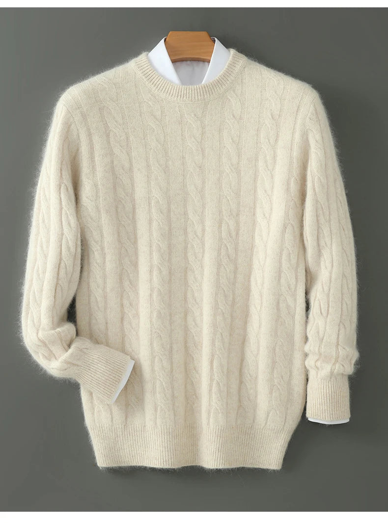 Men's Round Neck Pullover Sweater For Autumn Winter 100% Pure Mink Cashmere Knitted Sweater, Casual Long Sleeved Thick Warm Base