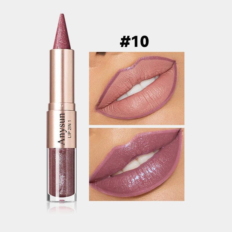 Double Head 2-in-1 Lip liner+Lip Gloss Waterproof and Durable Fine Shiny Mirror Gloss