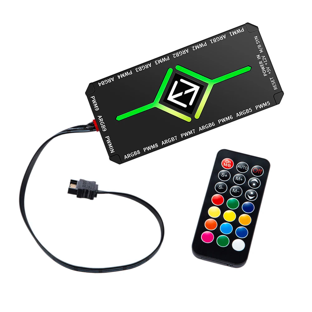 1 To 9 Ports 3 in 1 4 Pin PWM Magnetic Suction Hub with Remote PWM Magnetic Fan Hub Splitter PWM & ARGB Hub Splitter for PC Case