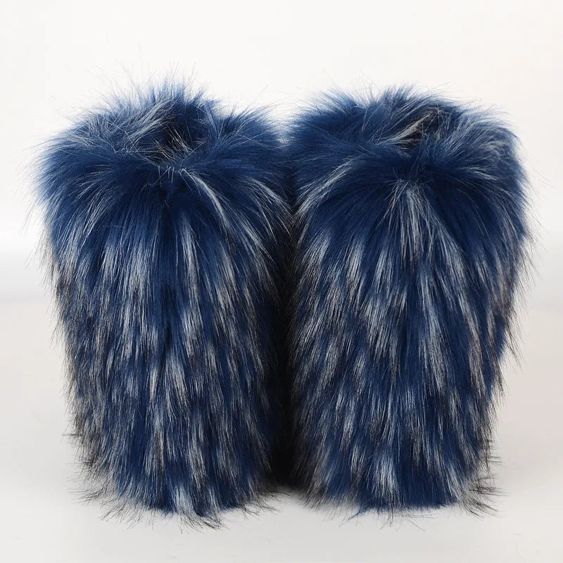 Women's Winter Snow Boots Outdoor Luxury Furry Faux Fox Fur Boots Woman Plush Warm Platform Shoes New Fashion Bottes Big Size 46