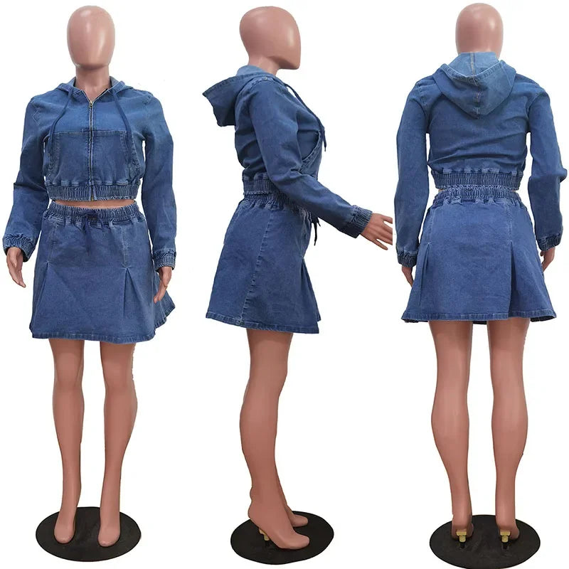 Streetwear Denim Set Woman Two Piece Outfit Casual Zipper Hooded Jacket Top and Mini Skirt Jeans Matching Sets Ensemble Femmes