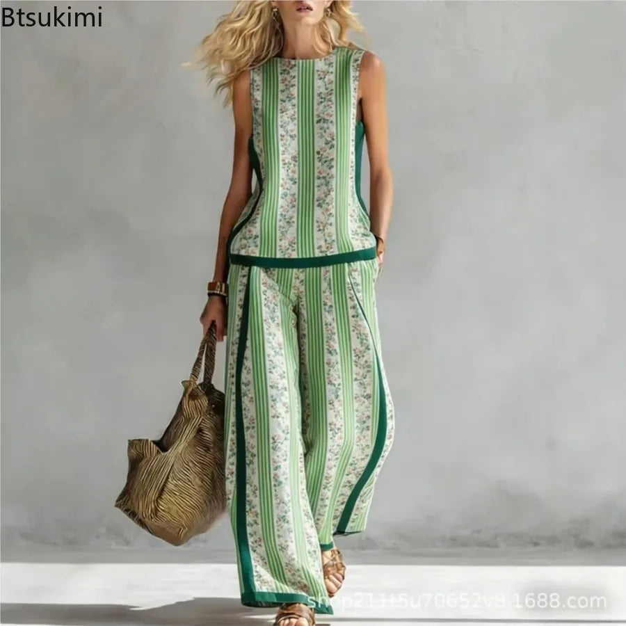 New Fashion Retro Printed Sleeveless Tops Trousers 2-piece Sets Women's Summer Casual Vest Loose Wide Leg Trousers Female Suit