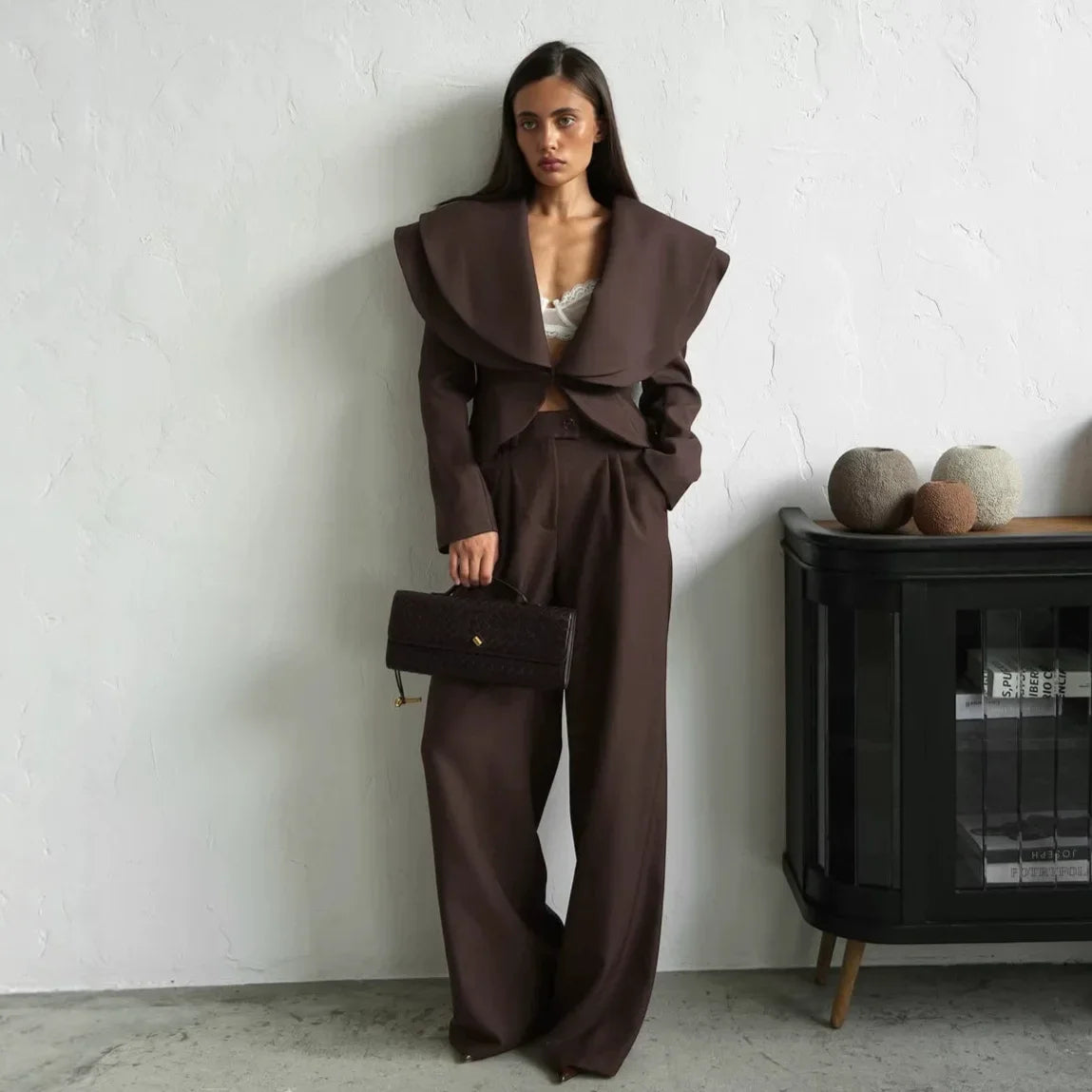 Chic Big Lapel Coat Pants Women Set Elegant Full Sleeve Single Breasted V-neck Straight Loose Trousers Solid Autumn Fashion Set